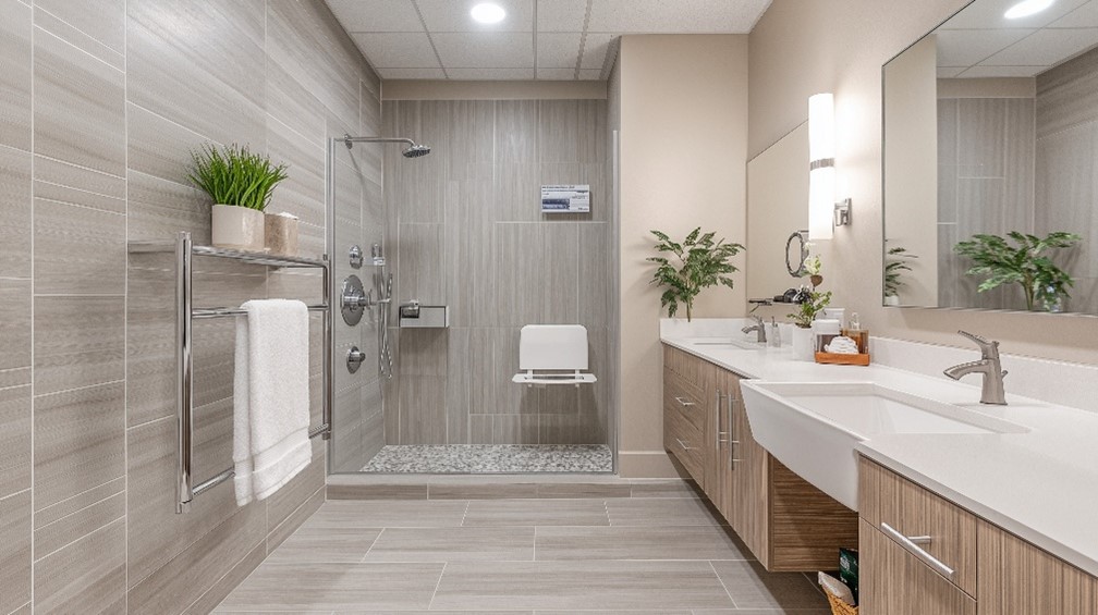 Image of a modern bathroom with an accessible sink and shower.